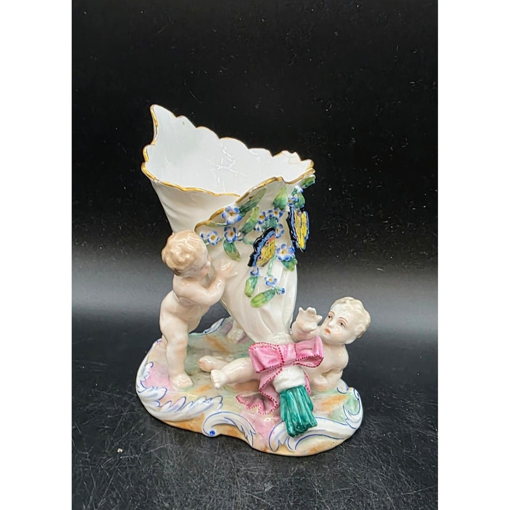 Antique Goodgood London Porcelain Cherub Cornucopia Vase Butterfly Floral Gilt